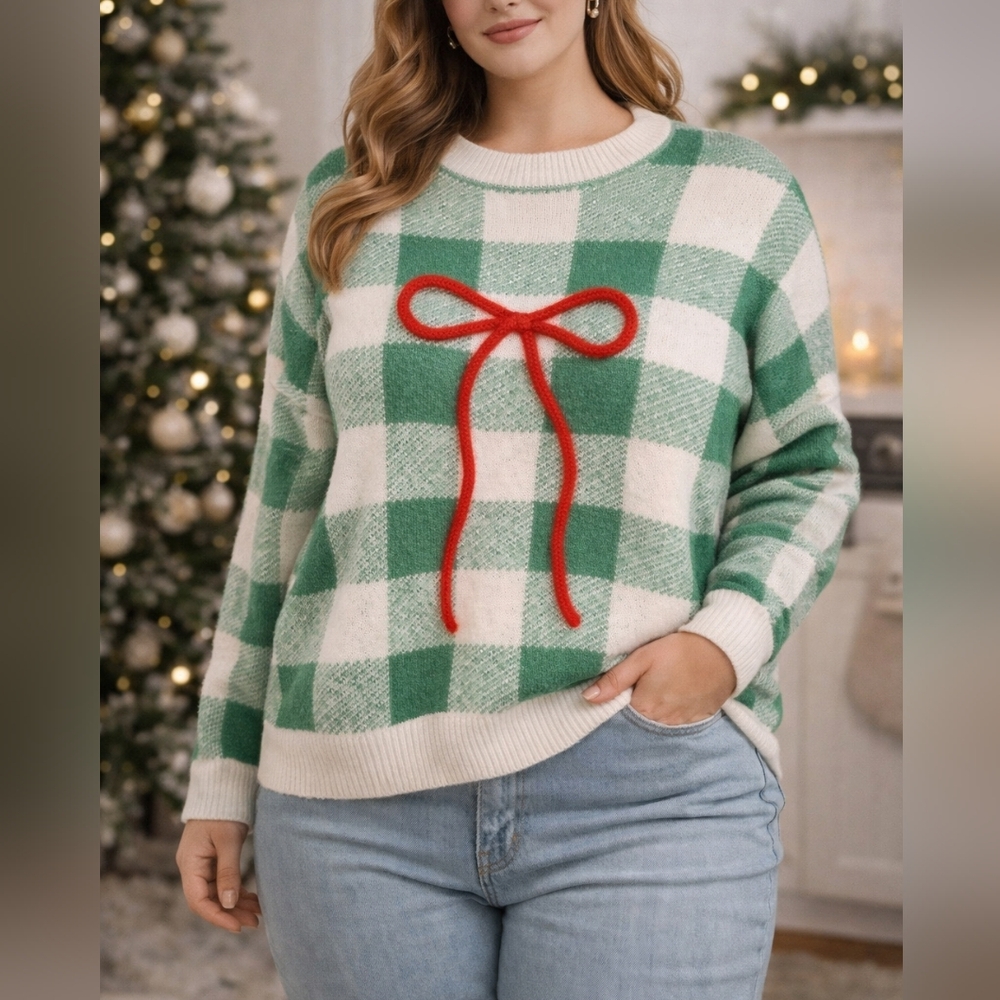 Large BETTER TOGETHER Green White Plaid Sweater Red Bow Cutecore Cozy